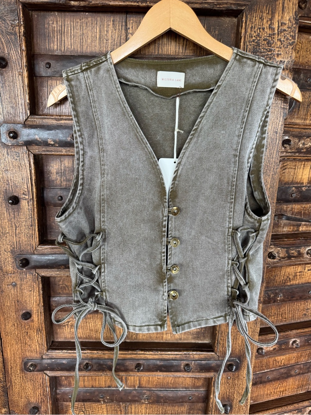 Wisteria Lane Olive Lace-Up Denim Vest